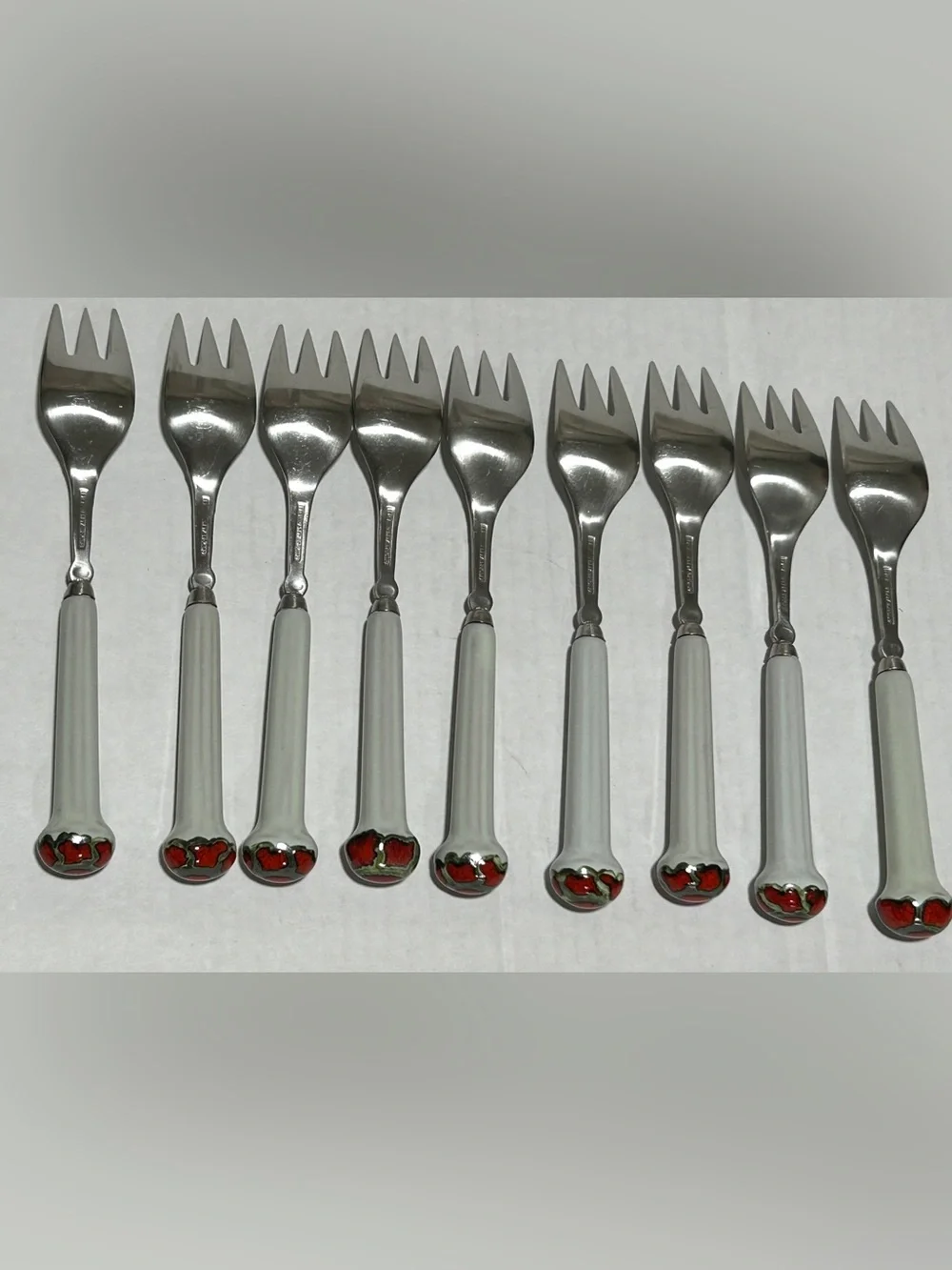 White-Handled Dessert Forks with Red Heart Accents - Set of 8